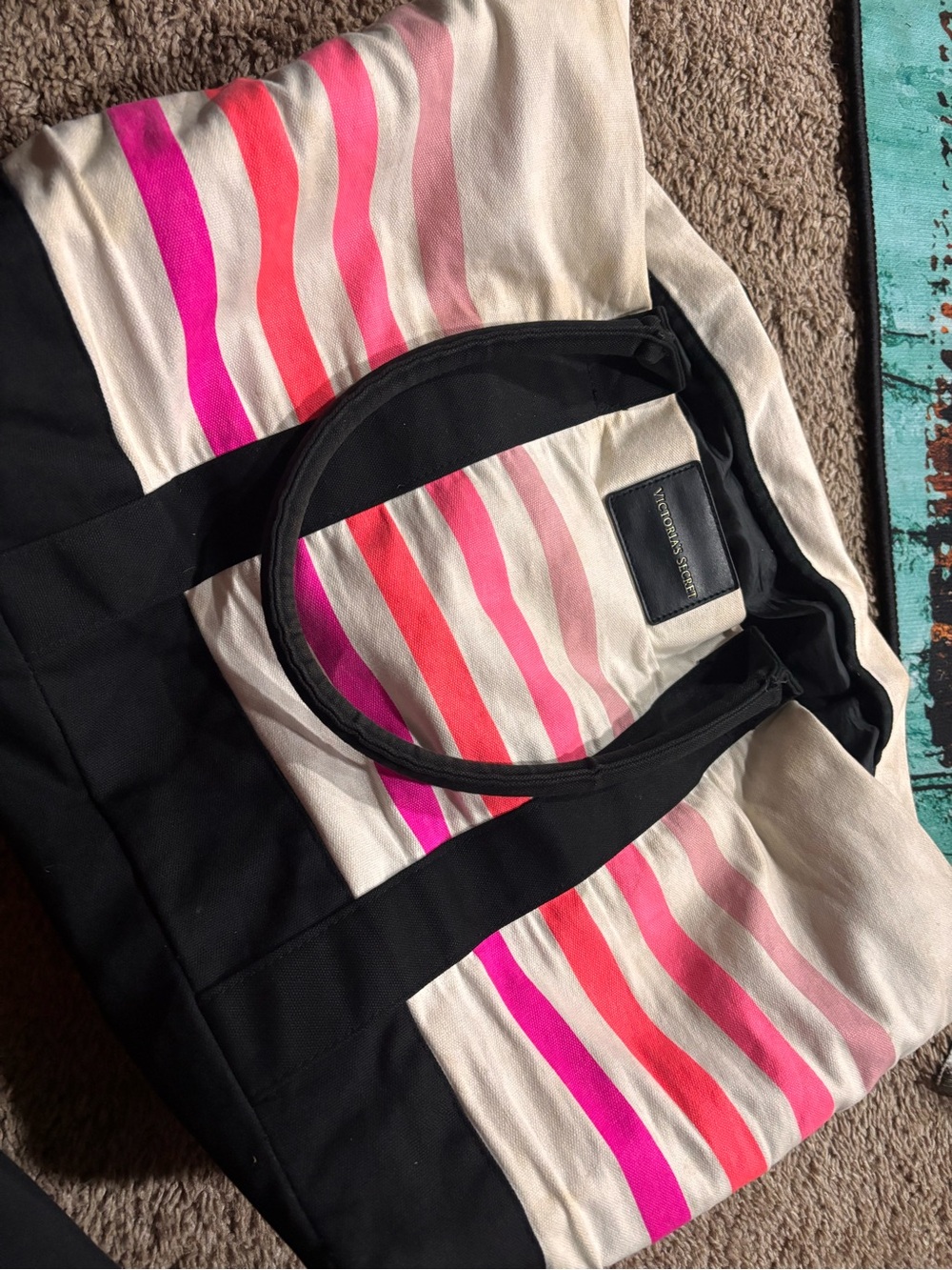 Victoria's Secret Black Canvas Tote with Pink and Coral Stripes